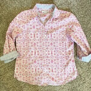 Foxcroft fitted button up blouse 3/4 sleeve size 4 flip cuffs white pink blue